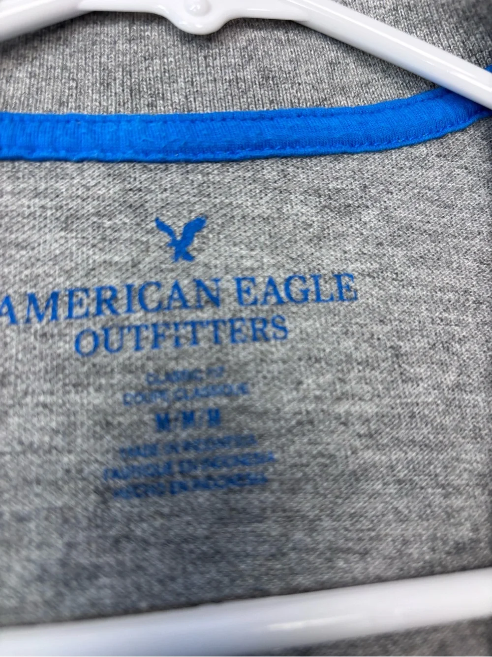American Eagle Outfitters Classic Fit Heathered Grey Polo with Blue Logo Trim M
